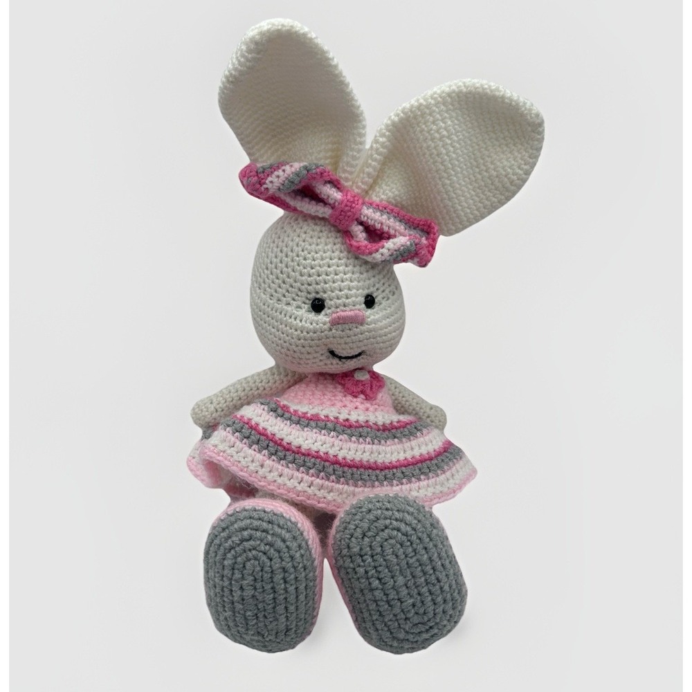 Adorable Crochet Amigurumi Pink Outfit With Bow Big Ear Bunny Handmade 18"
